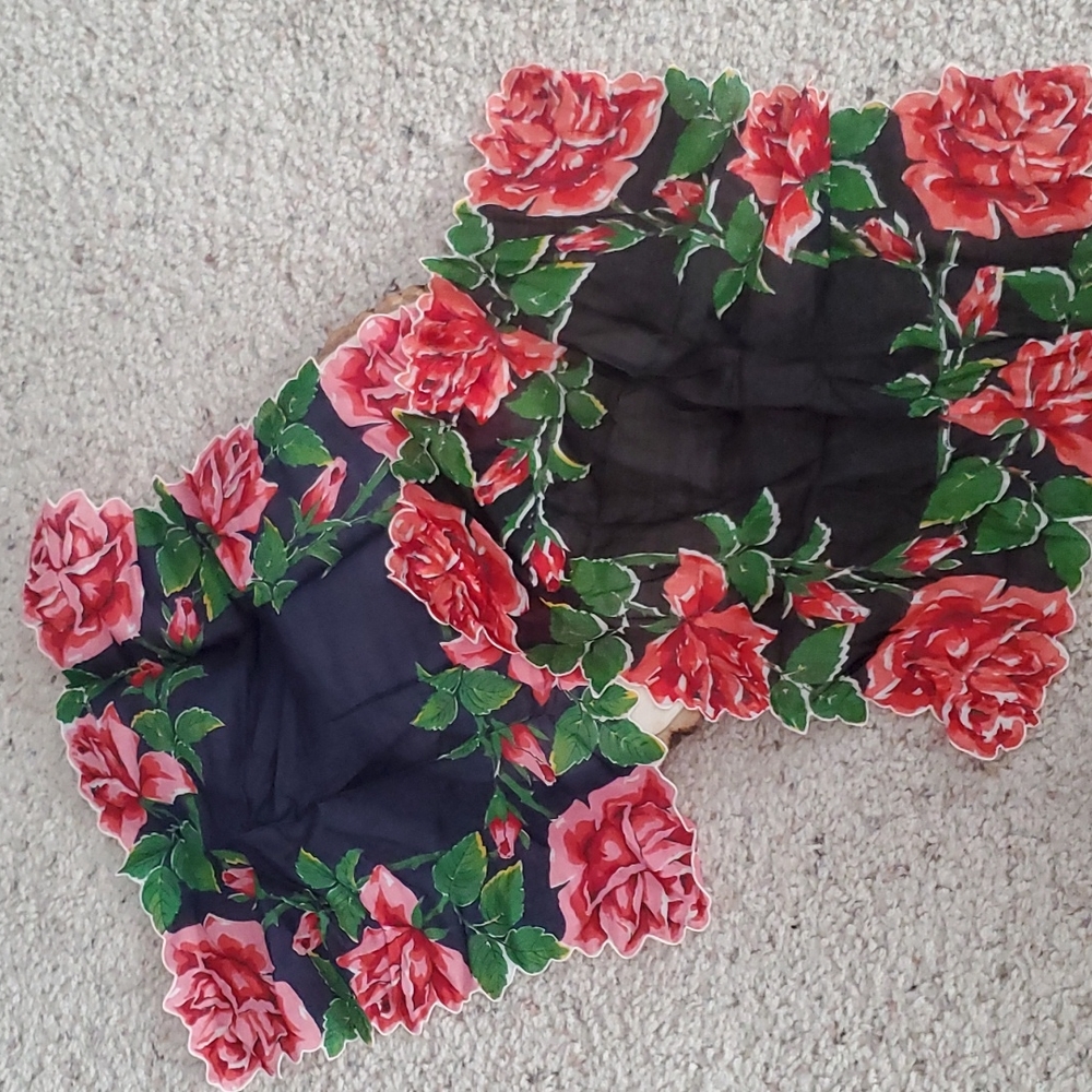 Vintage Burmel Original Set 2 Floral Design Handkerchiefs Black & Blue